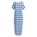 Sapphire Blue Check Pattern Print Short Sleeve Long Nightdress