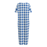 Sapphire Blue Check Pattern Print Short Sleeve Long Nightdress