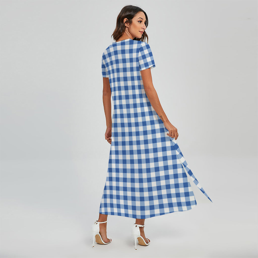 Sapphire Blue Check Pattern Print Short Sleeve Maxi Dress