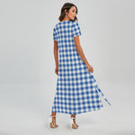 Sapphire Blue Check Pattern Print Short Sleeve Maxi Dress