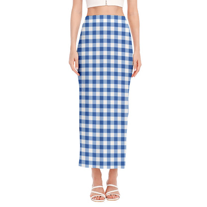 Sapphire Blue Check Pattern Print Side Slit Maxi Skirt
