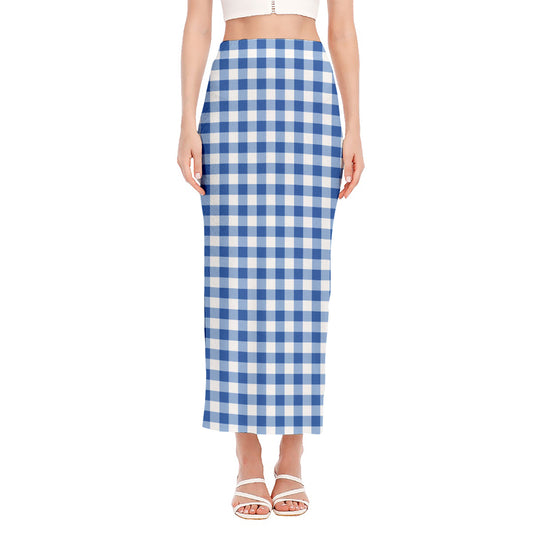 Sapphire Blue Check Pattern Print Side Slit Maxi Skirt