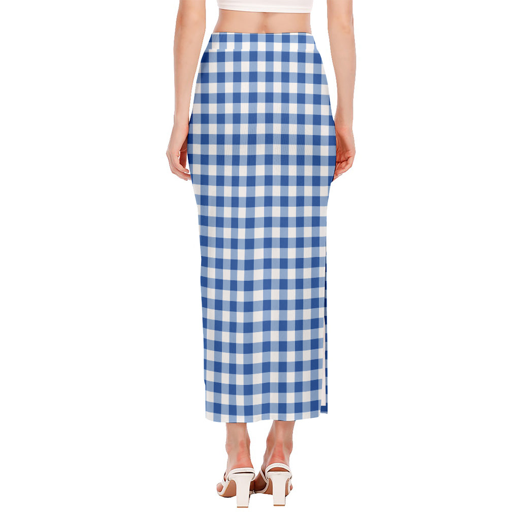 Sapphire Blue Check Pattern Print Side Slit Maxi Skirt