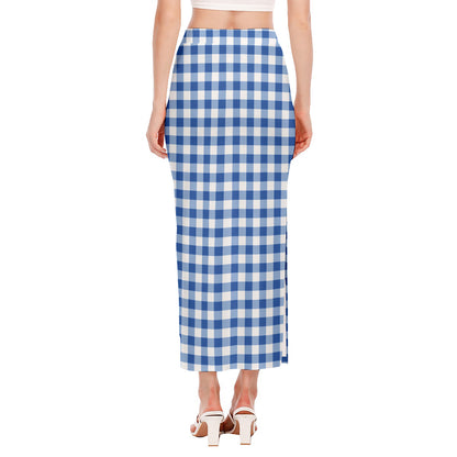 Sapphire Blue Check Pattern Print Side Slit Maxi Skirt
