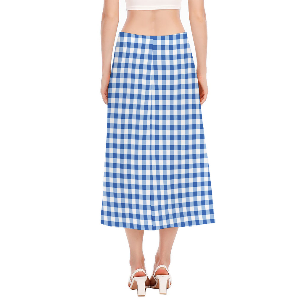 Sapphire Blue Check Pattern Print Side Slit Midi Skirt