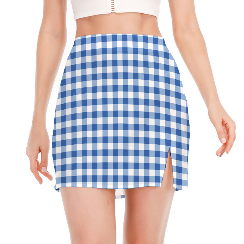 Sapphire Blue Check Pattern Print Side Slit Mini Skirt