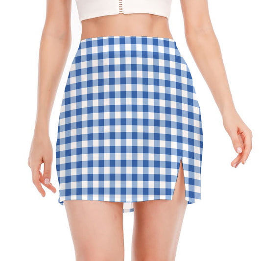 Sapphire Blue Check Pattern Print Side Slit Mini Skirt