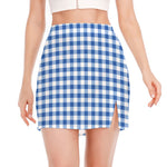 Sapphire Blue Check Pattern Print Side Slit Mini Skirt