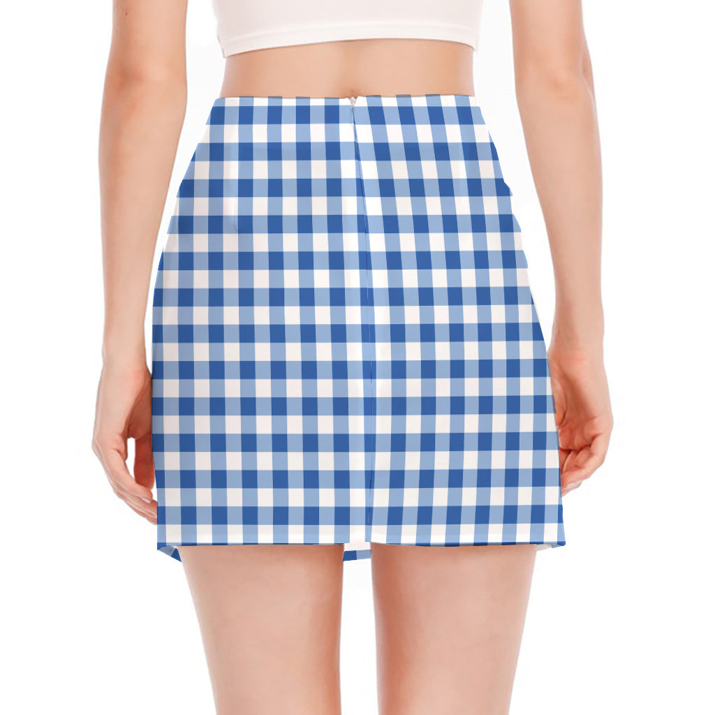 Sapphire Blue Check Pattern Print Side Slit Mini Skirt