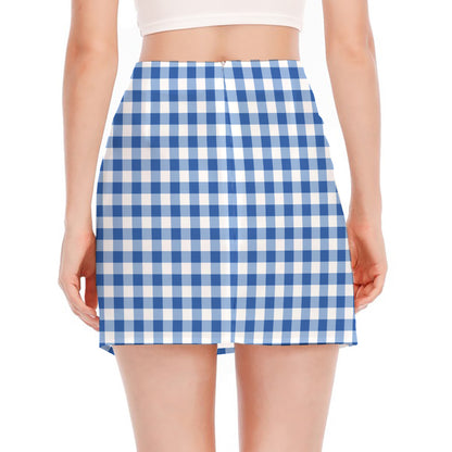 Sapphire Blue Check Pattern Print Side Slit Mini Skirt