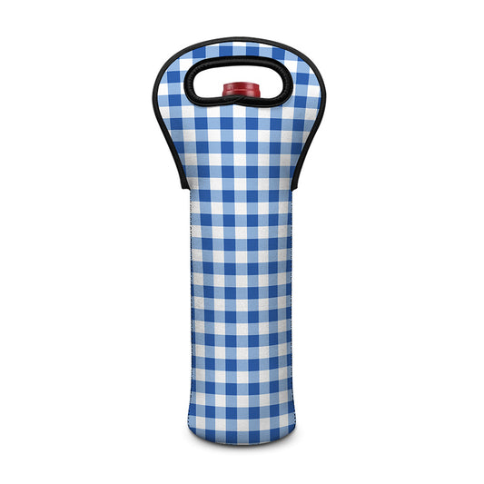 Sapphire Blue Check Pattern Print Single Neoprene Wine Tote