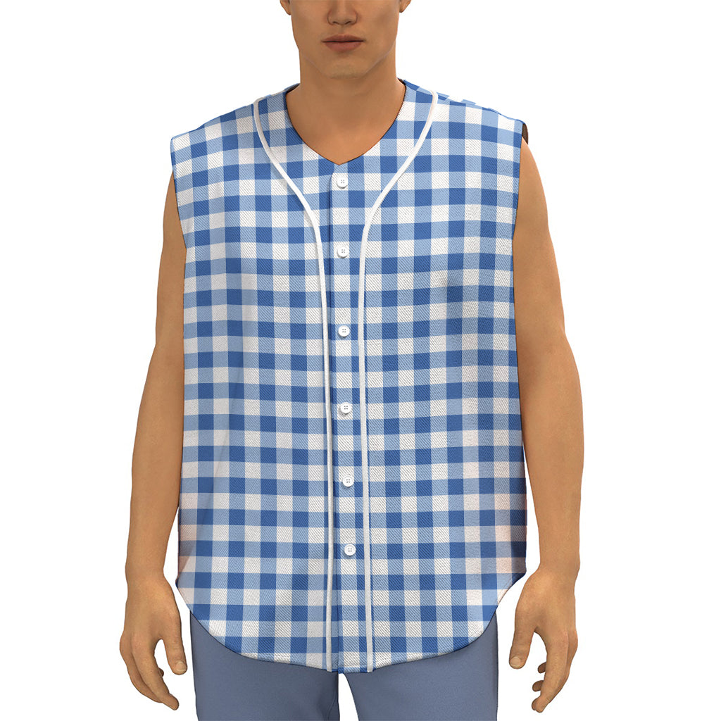 Sapphire Blue Check Pattern Print Sleeveless Baseball Jersey