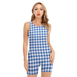 Sapphire Blue Check Pattern Print Sleeveless One Piece Swimsuit