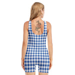 Sapphire Blue Check Pattern Print Sleeveless One Piece Swimsuit
