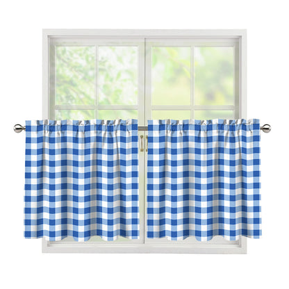 Sapphire Blue Check Pattern Print Tier Curtains