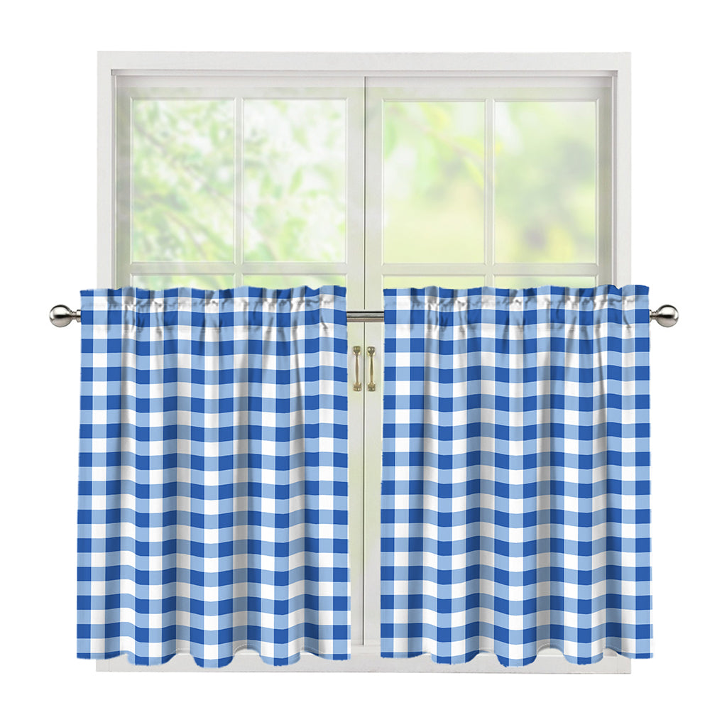Sapphire Blue Check Pattern Print Tier Curtains