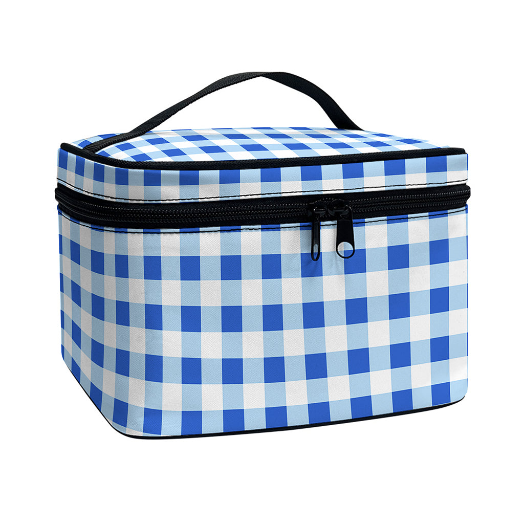 Sapphire Blue Check Pattern Print Travel Makeup Bag