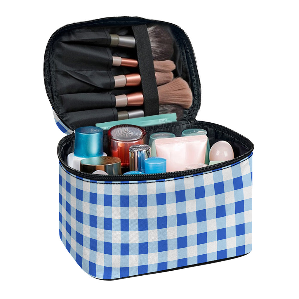 Sapphire Blue Check Pattern Print Travel Makeup Bag