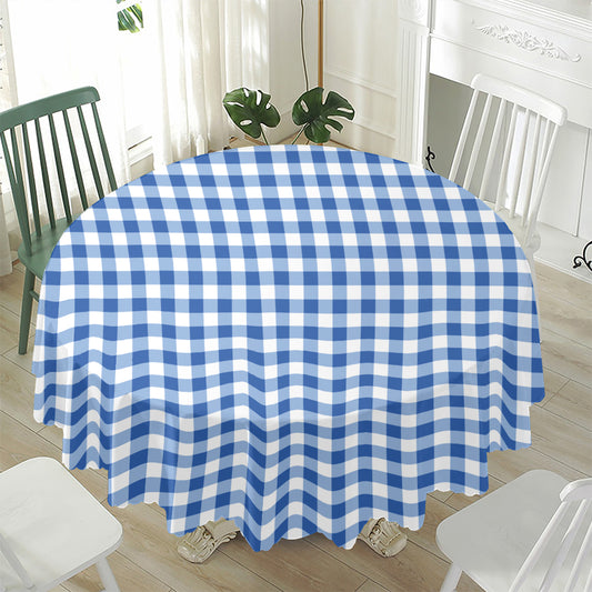 Sapphire Blue Check Pattern Print Waterproof Round Tablecloth