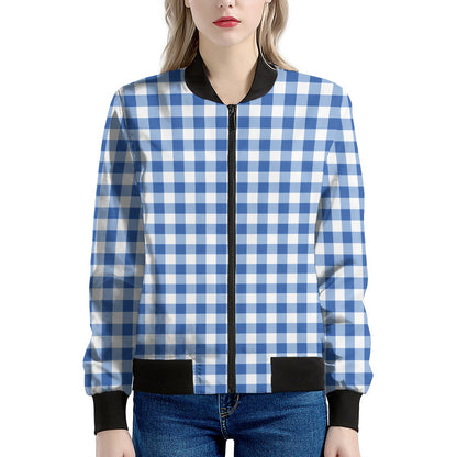 Sapphire Blue Check Pattern Print Women's Bomber Jacket