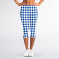 Sapphire Blue Check Pattern Print Women's Capri Leggings