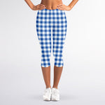 Sapphire Blue Check Pattern Print Women's Capri Leggings