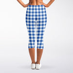 Sapphire Blue Check Pattern Print Women's Capri Leggings