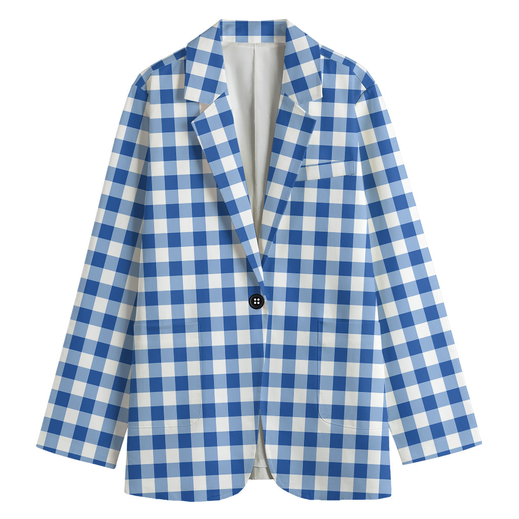 Sapphire Blue Check Pattern Print Women's Cotton Blazer