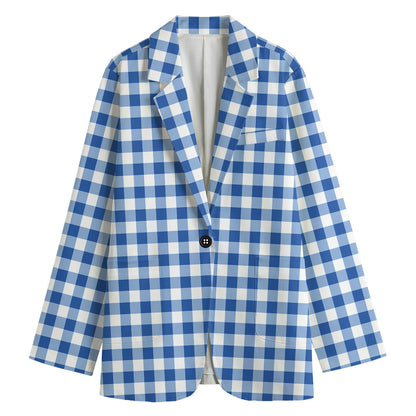 Sapphire Blue Check Pattern Print Women's Cotton Blazer