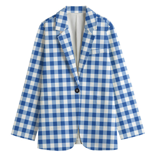 Sapphire Blue Check Pattern Print Women's Cotton Blazer