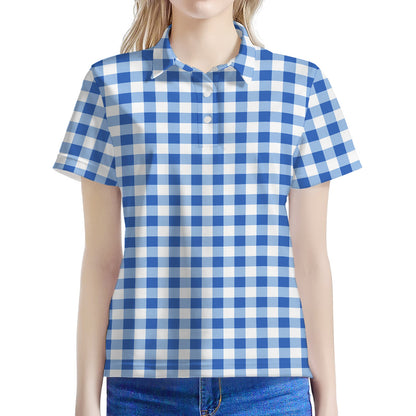 Sapphire Blue Check Pattern Print Women's Polo Shirt