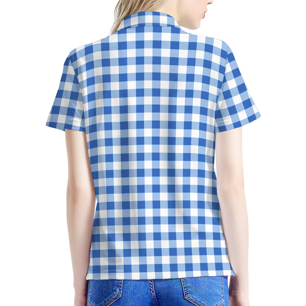 Sapphire Blue Check Pattern Print Women's Polo Shirt