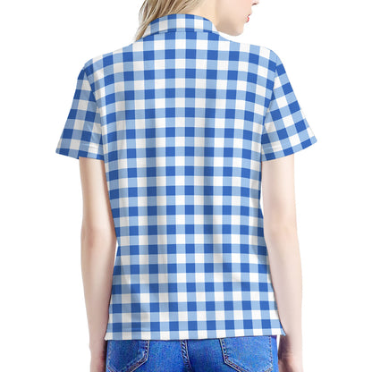Sapphire Blue Check Pattern Print Women's Polo Shirt