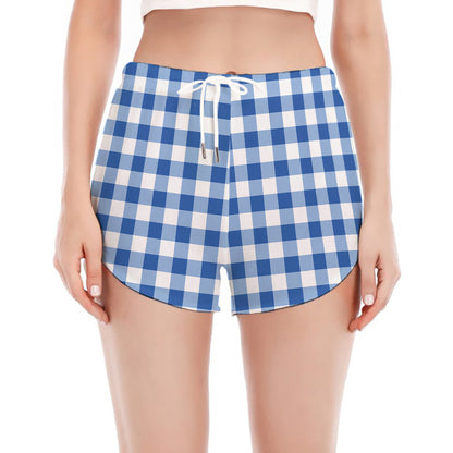 Sapphire Blue Check Pattern Print Women's Split Running Shorts