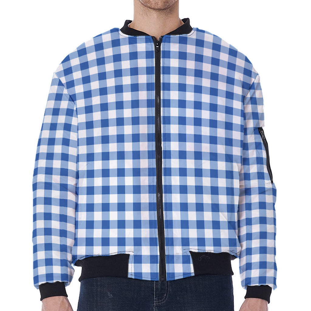 Sapphire Blue Check Pattern Print Zip Sleeve Bomber Jacket