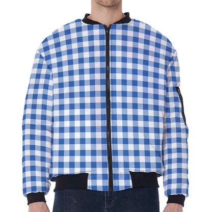 Sapphire Blue Check Pattern Print Zip Sleeve Bomber Jacket