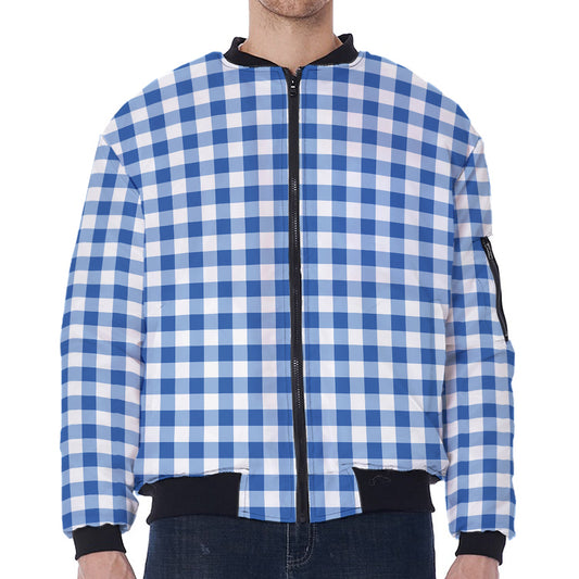Sapphire Blue Check Pattern Print Zip Sleeve Bomber Jacket