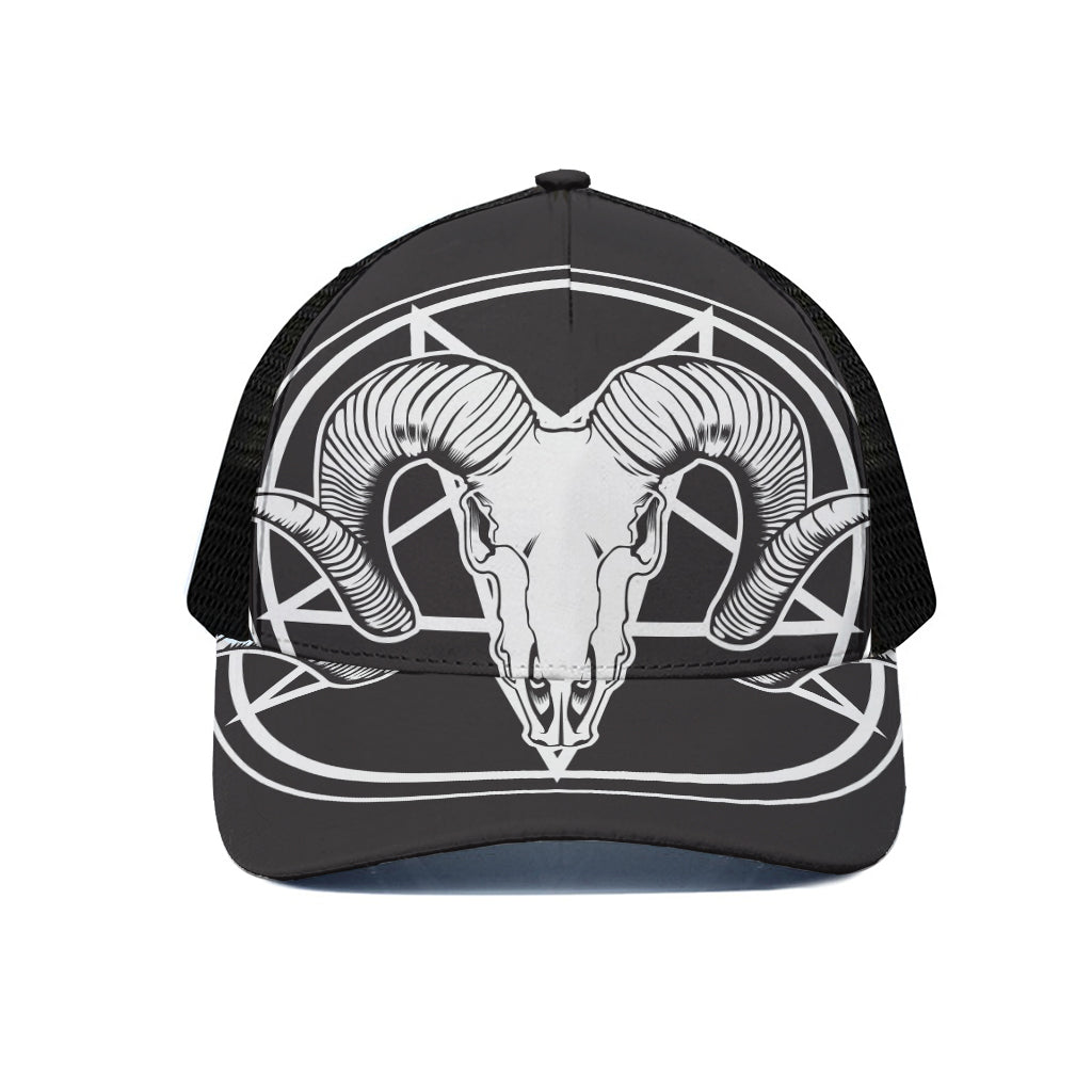 Satan Goat Skull Pentagram Print Black Mesh Trucker Cap