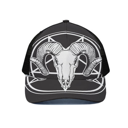 Satan Goat Skull Pentagram Print Black Mesh Trucker Cap