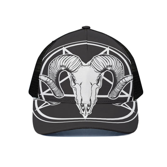 Satan Goat Skull Pentagram Print Black Mesh Trucker Cap