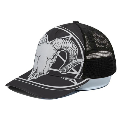 Satan Goat Skull Pentagram Print Black Mesh Trucker Cap
