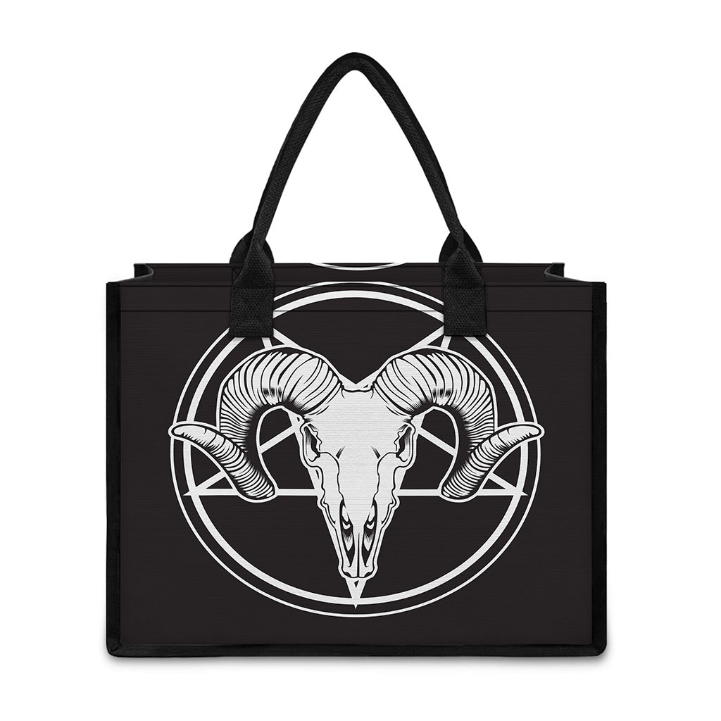 Satan Goat Skull Pentagram Print Canvas Tote Bag