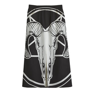 Satan Goat Skull Pentagram Print Cotton Front Slit Maxi Skirt