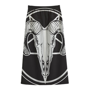 Satan Goat Skull Pentagram Print Cotton Front Slit Maxi Skirt