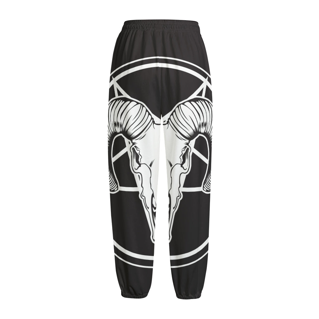 Satan Goat Skull Pentagram Print Fleece Lined Knit Pants