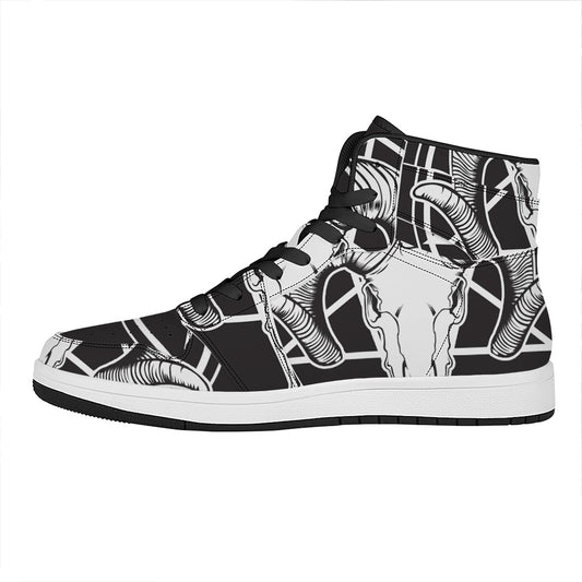 Satan Goat Skull Pentagram Print High Top Leather Sneakers