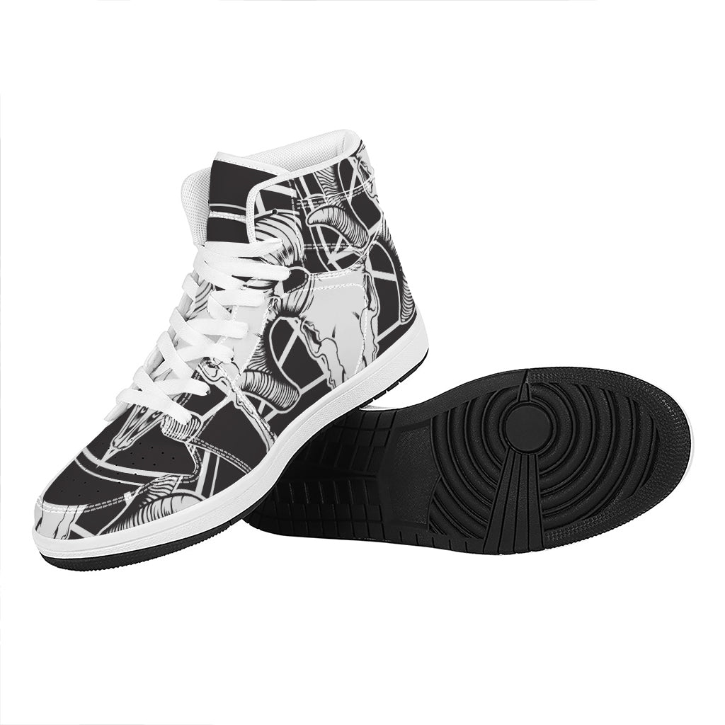 Satan Goat Skull Pentagram Print High Top Leather Sneakers
