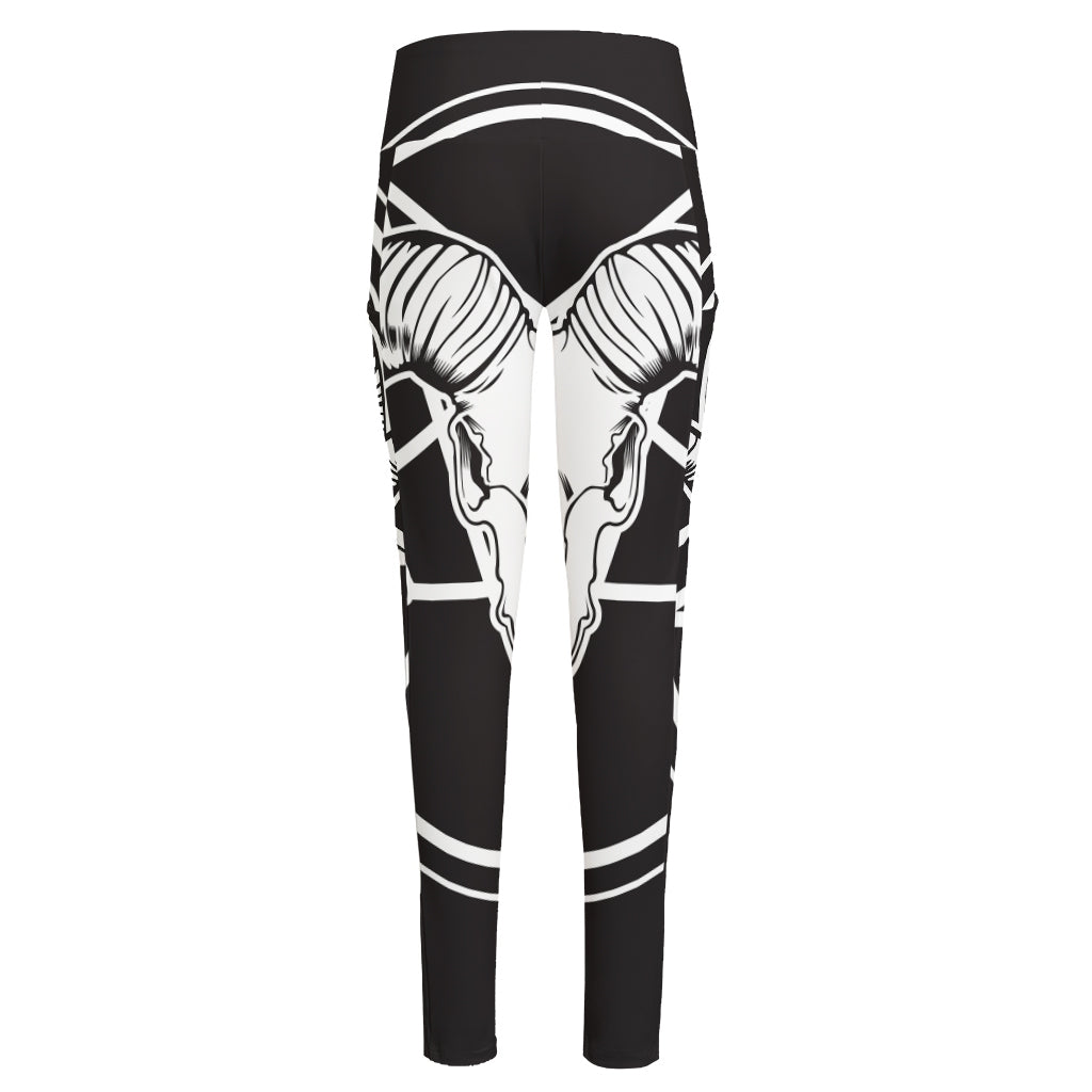 Satan Goat Skull Pentagram Print High-Waisted Pocket Leggings