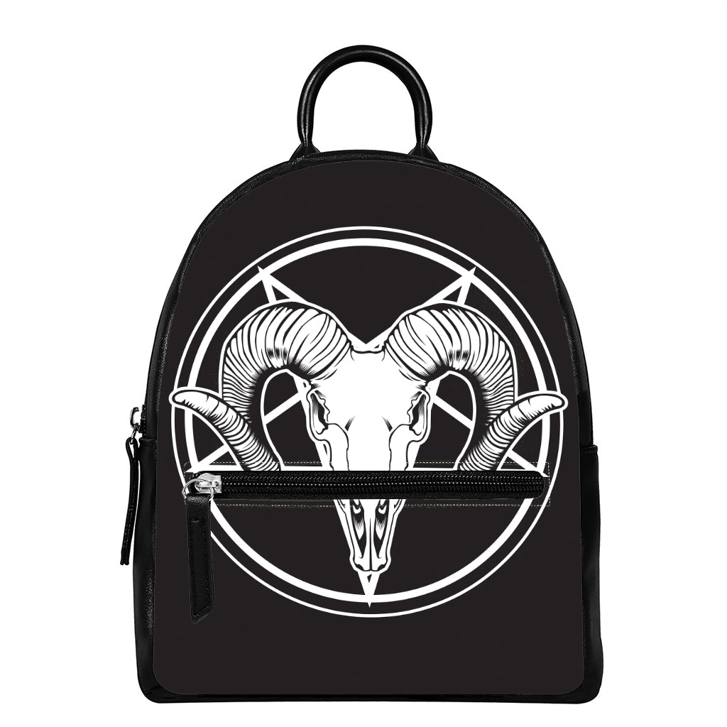 Satan Goat Skull Pentagram Print Leather Backpack