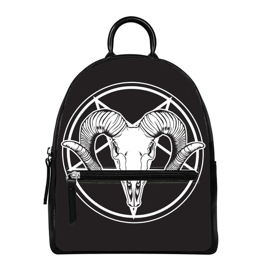 Satan Goat Skull Pentagram Print Leather Backpack